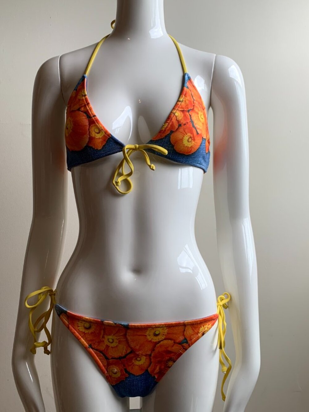 Aaron Chang denim orange floral reversible photo print bikini
